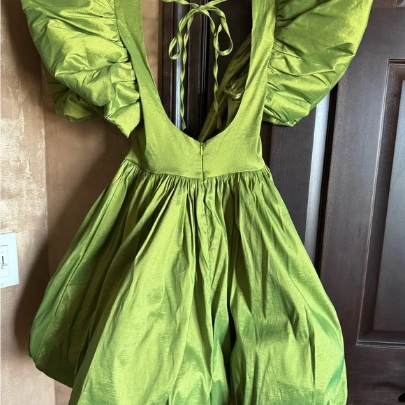 AKIRA Olive Green Satin Mini Dress with Puff Sleeves - Picture 3 of 4